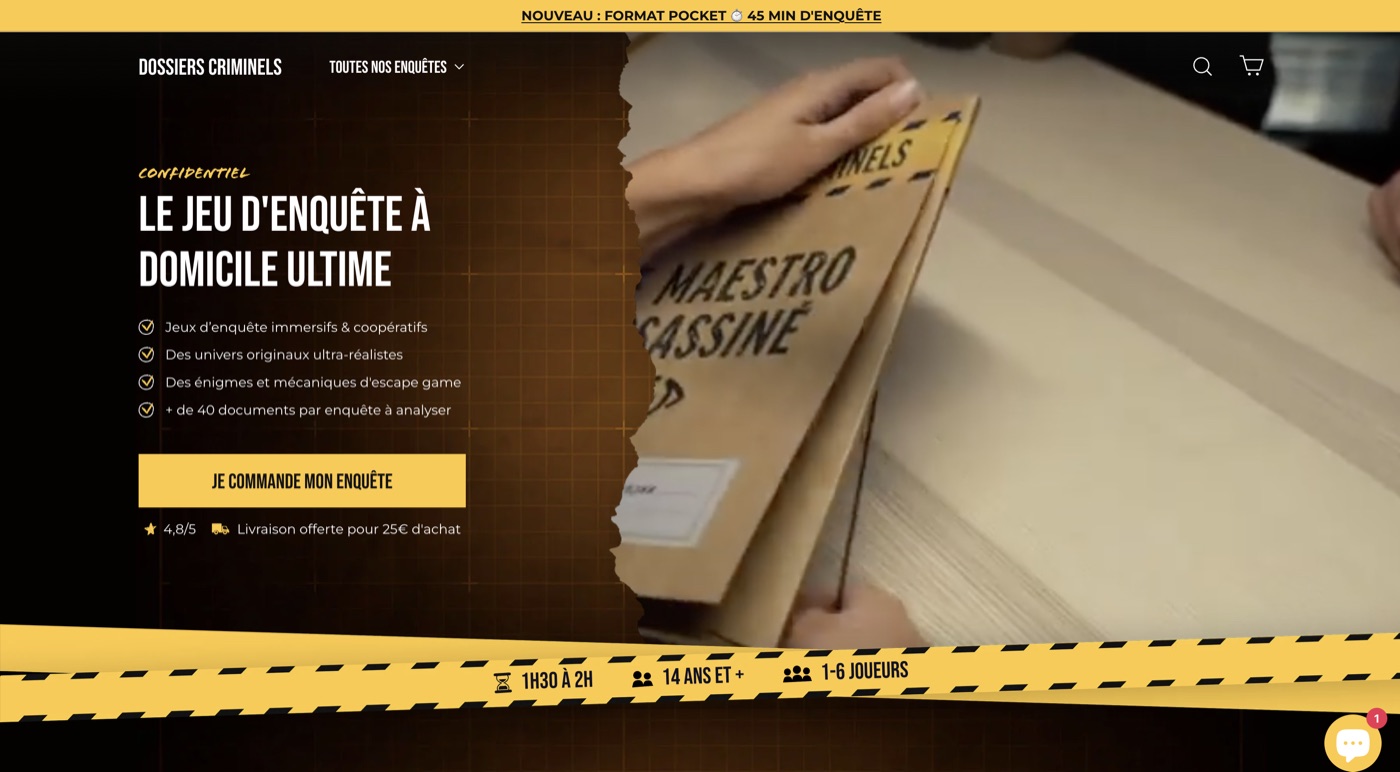 Capture du site Shopify Dossiers Criminels réalisé par Codezilla
